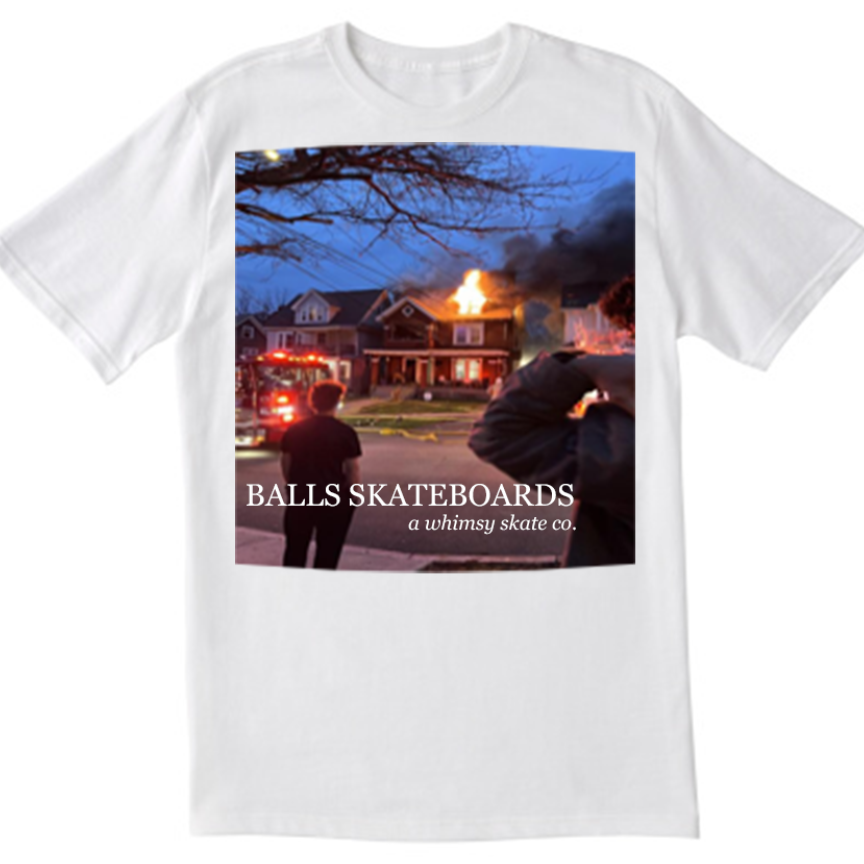 a tee with a picture of my former house, on fire, with a reference to Kanye West's Donda listening party